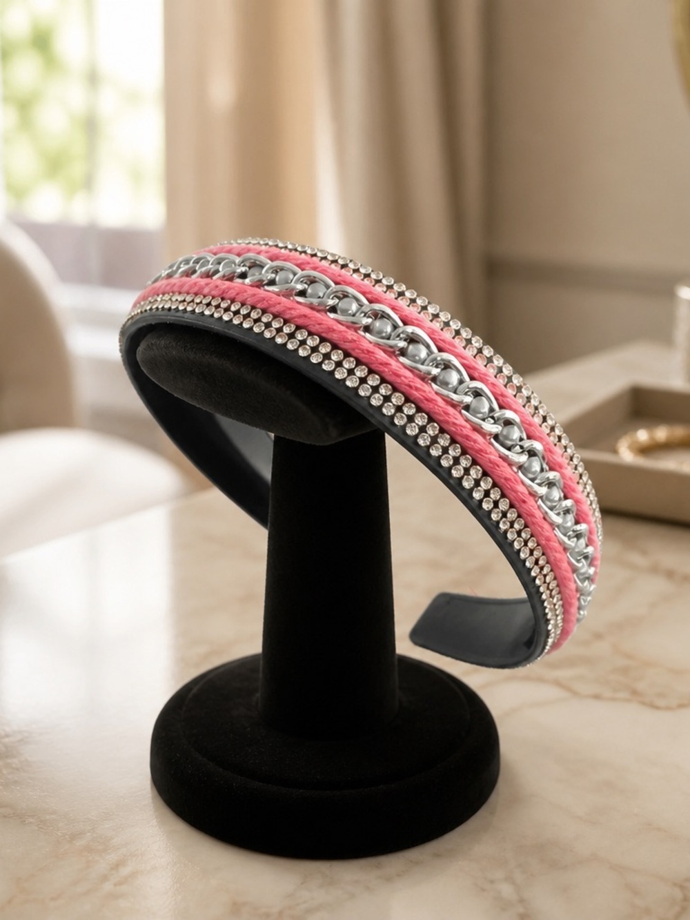 Pink Braided Chain Headband with Crystal Trim